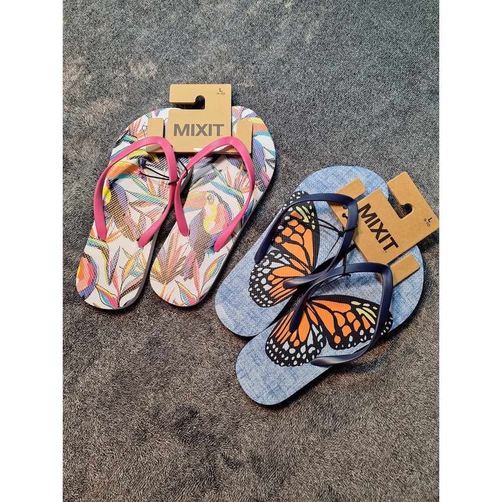 2 Pc Lot MIXIT Novelty Flip Flop Sandals Womens L (9/10)‎ BUTTERFLY PARROT